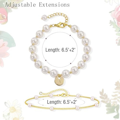 Fizzlup 2Pcs Pearl And Gold Initial Bracelet Set，Dainty Pearls Bracelets Jewelry for Women Wedding Prom Trendy Crystal Charm Cuff Stack Bead Linkbracelet Personalized Gift Stuff Letter - color: Q
