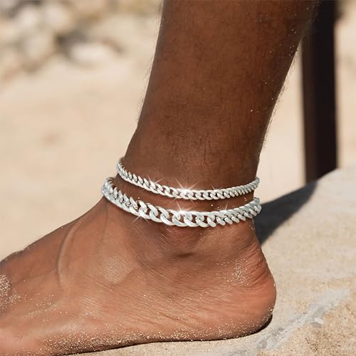Ankle Bracelets for Women Waterproof 14K Gold/Silver Plated Chain Anklets | Trendy Gold Anklets,Layered 14K Gold Plated Stackable Chunky Cuban Link Chain Anklet Bracelet Set,Summer Beach Jewelry Gift - color: 2 cuban-sl