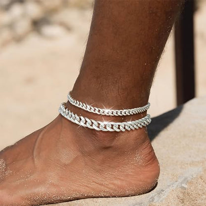 Ankle Bracelets for Women Waterproof 14K Gold/Silver Plated Chain Anklets | Trendy Gold Anklets,Layered 14K Gold Plated Stackable Chunky Cuban Link Chain Anklet Bracelet Set,Summer Beach Jewelry Gift - color: 2 cuban-sl