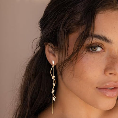 Robaice Long Gold Dangle Earrings for Women, 14K Plated Tassel Earring | Gold Chain Dangling Earrings, Trendy Drop Prom Earring, Lightweight Statement Party Jewelry, Gift for Women - style: C-dangle twist drop，CZ