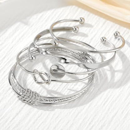 GIGB PBDK Chunky Stackable Gold Cuff Bracelets Set for Women Boho Multi Layer Silver Open Bangles Adjustable Geometry Bracelets Jewelry Accessories - color: Silver