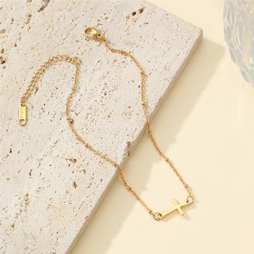 Dainty Ankle Bracelets for Women 18K Gold Plated Waterproof | Satellite Beaded Herringbone Lip Chain Anklets Simple Minimalist Summer Beach Foot Jewelry, Gift Box Included - color: Satellite Cross-Gold