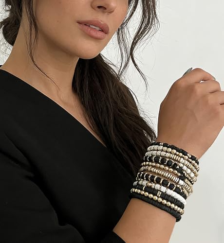 iF YOU 13pcs Boho Brown Gold Beaded Stretch Bracelets for Women, Heishi Clay Surfer Stackable Bracelet Stacks Summer Beach Jewelry - style: White & Black Clay Bracelets