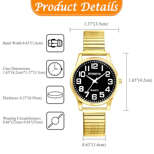 Avaner Stretch Band Wrist Watches: Elastic Strap Bangle Big Number Easy Reader Analog Quartz Wristwatch for Men Women - color: Gold Band Black Dial (for men)