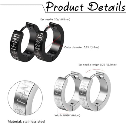Aroncent 2-8Pcs Womens Mens Huggie Hoop Triangle Earrings Viking Runes Stainless Steel Ear Stud Novelty Black/Gold/Silver - color: D-Viking Earrings-2PCS-a