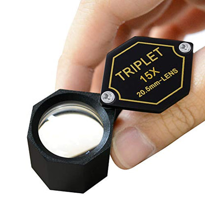 15x Magnifier Jewelry Loupe 20.5mm Triplet Lens Optical Glass Pocket Gem Magnifying Tool for Jeweler, Stamp Philatelist, Coin Numismatic, Achromatic Black Hexagonal Design Kit Set