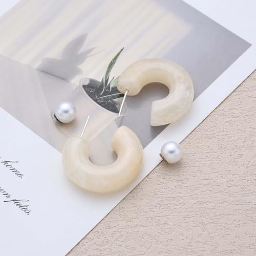 Chunky Acrylic Hoop Earrings White Resin Open Circle Hoop Earrings Round Pearl Studs Thick Acrylic C Shape Earring Pearl Front Back Earring Jewelry for Women - color: White