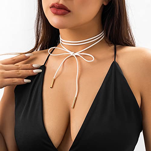 Gothic Velvet Bowknot Choker Necklace Bow Long Wrap Collar Necklace Party Prom Accessories - color: White