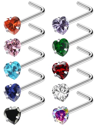 ASTM F136 Titanium Nose Rings 18G 20G 22G Mix Color Heart Cubic Zirconia Nose Studs Ring Screw L-Shaped Bone Hypoallergenic Body Piercing Jewelry for Women 3mm 10PCS - style: L-Shaped:18G(1.0mm)
