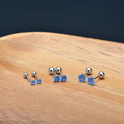 Screw Back Sterling Silver Cubic Zirconia Earrings Studs 3 MM - color: Blue