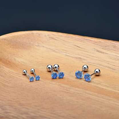 Screw Back Sterling Silver Cubic Zirconia Earrings Studs 3 MM - color: Blue
