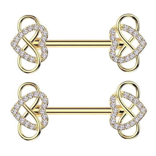 Pierced Owl 14GA 316L Stainless Steel CZ Crystal Infinity Heart Nipple Barbells, Sold as a Pair - style: Gold Tone