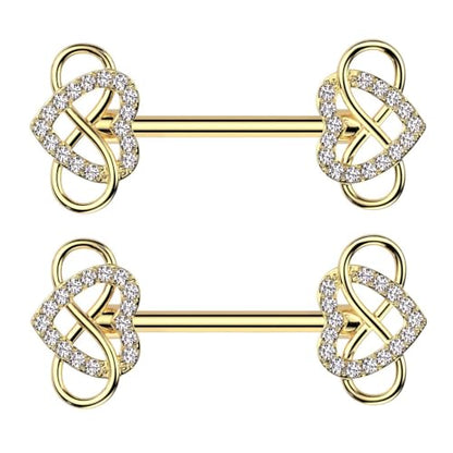 Pierced Owl 14GA 316L Stainless Steel CZ Crystal Infinity Heart Nipple Barbells, Sold as a Pair - style: Gold Tone
