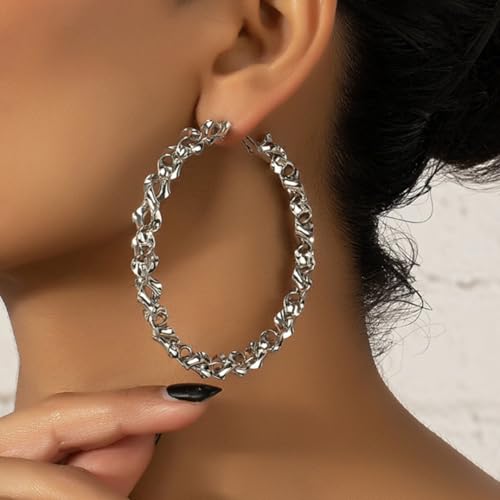 Twisted Rope Hoop Earrings for Women Chunky Big Large Hoop Earrings Minimalist Round Circle Huggie Hoops Earrings Gift - color: silver