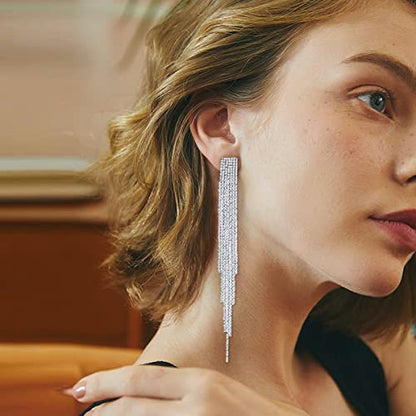 Silver Rhinestone Crystal Bridal Chandelier Long Tassels Dangle Earrings for Wedding - color: A-1