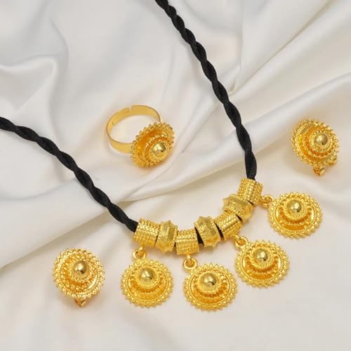 Ethiopian Traditional Jewelry | Eritrean Jewelry for Women Set | Ethiopian African Jewelry Wedding Sets Includes Cross Pendant Black Rope Earrings Ring Sets African Eritrean Religion - color: Black Rope 2