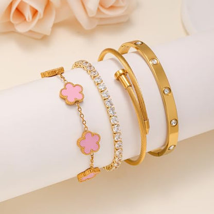 Gold Bracelets for Women, 18K Gold Plated Women Tennis Bracelets Clover Nail Love Bangle Bracelet Set, Gold Bracelet Stackable Set Trendy Jewelry, Gifts for Women's Day and Mother's Day - color: 02-Color-pink
