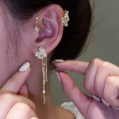Butterfly Ear Cuff Earrings Sparkly Silver Butterfly Flower Tassle Ear Wrap Earrings Fairy Right Left No Piercing Ear Clip On - color: Gold