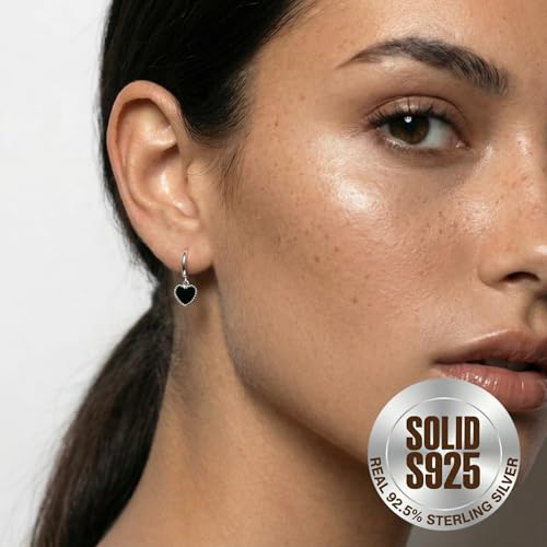 SLUYNZ Solid 925 Sterling Silver Black Heart Hoop Earrings for Women Teens Love Heart Hoop Earrings Huggie - color: A-Sterling Silver