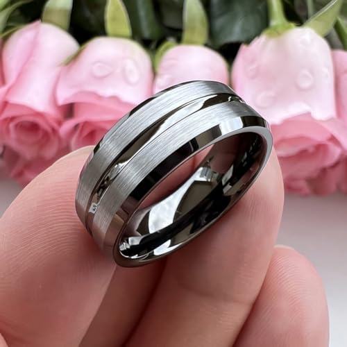 TUTISS 6mm 8mm Silver/Black/Blue/Gunmetal/Gold/Rose Gold Tungsten Rings for Men Women Fashion Engagement Wedding Bands Matte Finish Beveled Edges Comfort Fit - color: 8mm Gunmetal Brushed