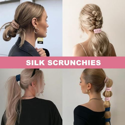 6Pcs Silk Hair Ties 100% Pure Mulberry Silk Scrunchies for Women Girls | No Hair Crease, Anti Frizz, Gentle Hold, No Damage, Color 06 - color: Curry&Navy&Pink