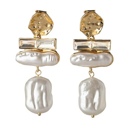 Non Pierced Gold Tone Clip On Gold Textured Baroque Simulated Pearl and Crystal Drop Dangling Earrings