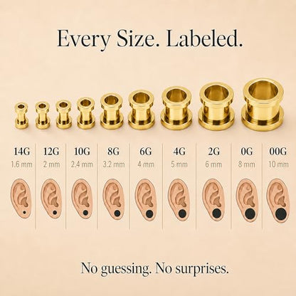 BodyJ4You 37PC Ear Gauge Stretching Kit 14G-00G - Aftercare Balm Tapers | Gauges for Ears Dead Stretching Lobe - Surgical Stainless Steel Single Flare Plugs - Flesh Tunnels O-Rings Expander Men Women - color: Goldtone, Screw Fit