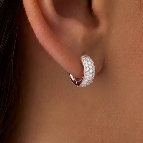 Gokeey Cubic Zirconia Hoop Earrings for Women, Sterling Silver Plated Small Huggie Hoops CZ Pave Chunky Thick Earrings Non Tarnish Hypoallergenic Lightweight Jewelry April Birthstone Gifts - color: Rose Gold