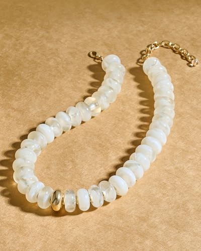 Chunky Beaded Necklace for Women Boho Statement Bead Necklace Adjustable Choker with Polished Disc/Square Beads Trendy Summer Beach Jewelry Gifts - color: Beige