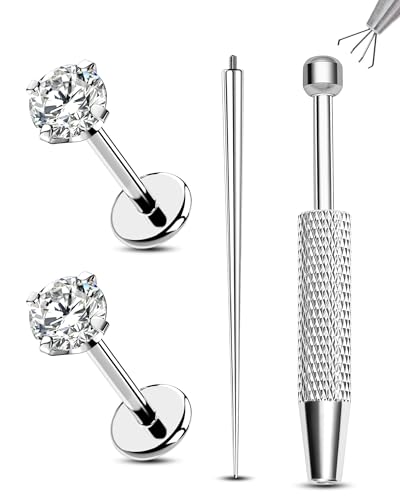 2PCS 20G/18G/16G Titanium Flat Back Nose Studs Internally Thread Cartilage Earring Studs Clear CZ Helix Tragus Earrings for Women Medusa Labret Stud Conch Piercing Jewelry Hypoallergenic - size: 0.8*6mm