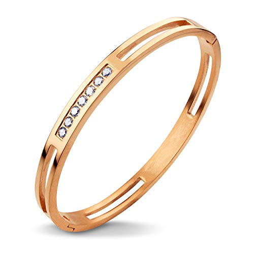 555Jewelry Womens Stainless Steel Fashion CZ Studded Cuff Bangle Bracelet - color: Pink Rose Gold - Grooved