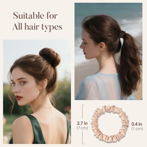 LULUSILK Small Silk Hair Ties No Damage, 100% Real Mulberry Silk, Skinny Scrunchies Ponytail Holders for Thin Fine Hair, Black Brown and Lotus Pink, Pack of 3 - color: Black&Brown&Lotus Pink