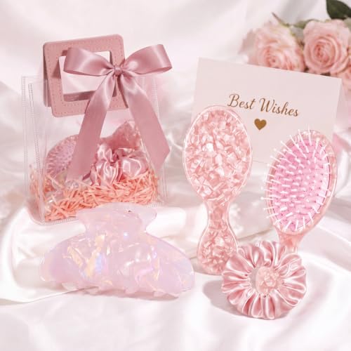 Pink 1 Set Bridesmaid Gift Set Satin Silk Scrunchies Acetate Hair Claw Clips Jewel Travel Hairbrush Bridal Party Gifts Bachelorette Party Favors Bridesmaids Gifts for Wedding Day - color: White, style: Classic
