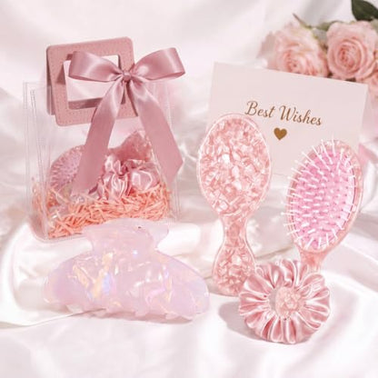 Pink 1 Set Bridesmaid Gift Set Satin Silk Scrunchies Acetate Hair Claw Clips Jewel Travel Hairbrush Bridal Party Gifts Bachelorette Party Favors Bridesmaids Gifts for Wedding Day - color: White, style: Classic