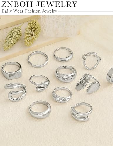 12 PCS Chunky Gold Stackable Rings for Women Non Tarnish 18K Gold Plated Statement Ring Stack Set Silver Adjustable Stacking Thumb Knuckle Band Dainty Open Rings Signet Cute Jewelry Gift - color: 12Pcs Silver