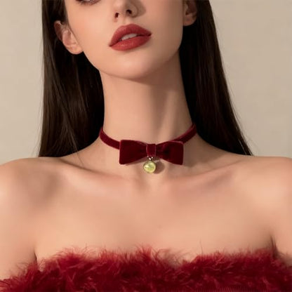 Bow Necklace for Women Red Bow Choker Black Ribbon Necklace Pearl Velvet Lace Necklaces Cute BowKnot Necklaces for Christmas Gifts - color: red B