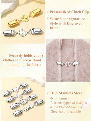 Custom4U Personalized Sweater Clips for Cardigans, Custom Name Initials Cinch Clip, Stainless Steel Dress Clips Back Cinch Shirt Clips for Women Clothing, Shawl Dress Shirts Cincher Small Brooch Jewelry Gifts - color: Steel Color-Round