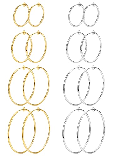 Magitaco 8 Pairs Clip On Hoop Earrings Stainless Steel Clip On Earrings for Women Fake Hoop Earring Spring Hoop Earring For Non-Pierced Ears - color: C:Sliver Tone+Gold Tone