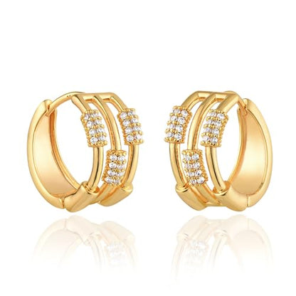 Huggie Hoop Earrings 14K Gold Plated Cubic Zirconia Dainty Simple Cute Beads Elegant CZ Circle Small Hoop Earring for Women Minimalist Handmade Hypoallergenic Jewelry - color: CZ-3 scattered