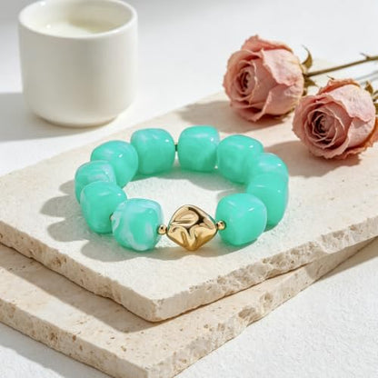 Chunky Beaded Bracelet for Women-Boho Bold Acrylic Resin Stretch Bracelets Trendy Summer Beach Elastic Bangle Vacation Jewelry Accessories - color: Style 2-Turquoise