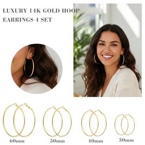 4 Pairs Silver Hoop Earrings for Women 30/40/50/60mm | Hypoallergenic, Stainless Steel, Big Thin Lightweight, Dangle Set - color: 4 Pairs Gold-30/40/50/60mm
