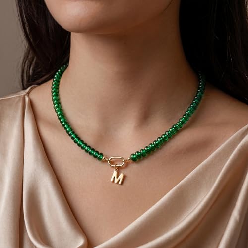 Joya Love Colorful Gemstone Beaded Necklaces For Women Trendy Rainbow Natural Stone Boho Handmade Stainless Steel Waterproof Strand Necklaces Jewelry For Women Gift - color: Emerald