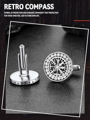 FaithHeart Mens Cufflinks, Norse Viking Tuxedo Shirt Cuff Links, Stainless Steel Cuff Links and Shirt Studs, Gift Box - style: 01. Compass CZ-Silver