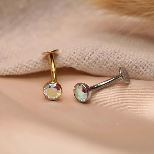 G23 Titanium Belly Jewelry 14G Flat Bottom Floating Belly Button Rings Curved Belly Barbell Navel Ring Belly Piercing 8/10/12/14mm Navel Rings Belly Piercings Jewelry for Women - color: Style1:Gold+AB CZ
