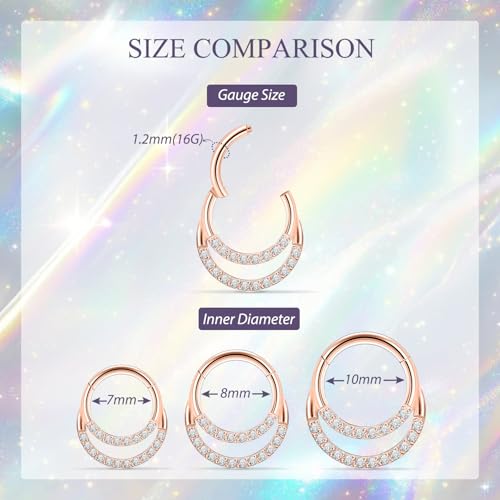 GAGABODY Septum Jewelry 16 Gauge Earrings Double Hoop Daith Earring Surgical Steel Hinged Nose Rings Nose Hoop Helix Tragus Rook Piercing - color: Style3:1pc Rose gold+Clear CZ