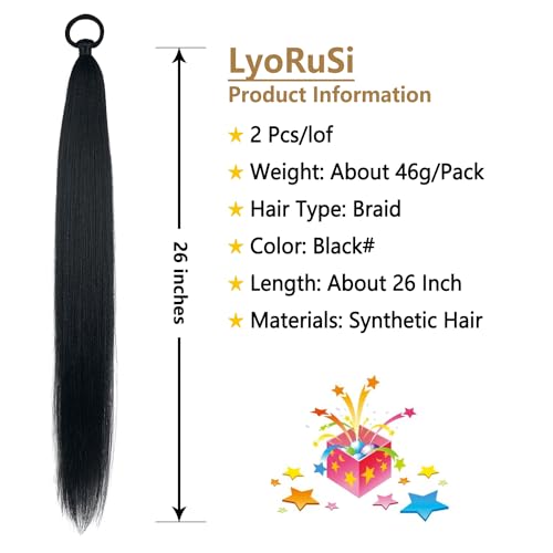LyoRuSi Black Ponytail Extension 2 Pack Braid Ponytail Extension with Tie | 26 Inch Long Braided Ponytail Extension, Straight Sleek Wrap Around Braid Hair Extensions Ponytail - color: Black#, size: 26 Inch（Pack of 2）