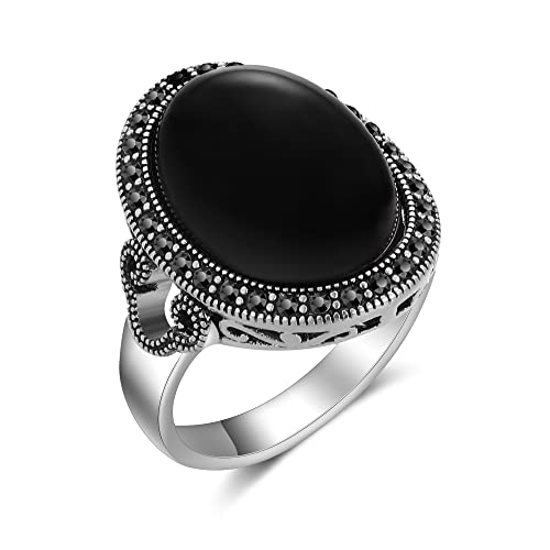 Mytys Retro Vintage Cocktail Statement Ring Black Marcasite & Crystal Rings for Women Antique Silver Big Black Onyx Stone Ring - color: Silver 10