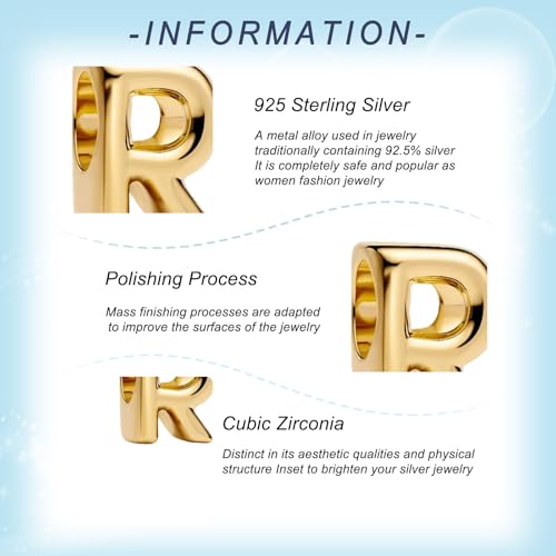 Gold Letter Charms A-Z for Bracelets 925 Sterling Silver Alphabet Initial Charms Beads Jewelry Gifts for Women - color: R