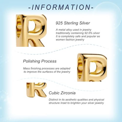 Gold Letter Charms A-Z for Bracelets 925 Sterling Silver Alphabet Initial Charms Beads Jewelry Gifts for Women - color: R