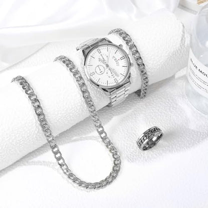 NEWITIN 4 Pieces Black Jewelry Set for Men Stainless Steel Watch Necklace Bracelet Ring Fashion Black Wristwatch Cuban Link Chain Cuban Jewelry Set for Men - color: Silver